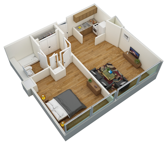 3D 1 bedroom 1 bathroom floor plan for Florida Christian Apartments